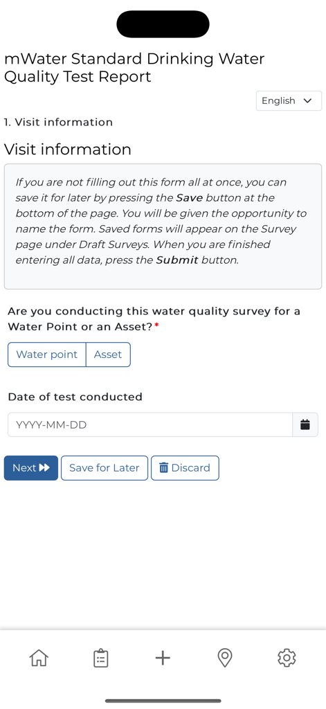 mWater Surveyor - A mobile app screen showing a standard drinking water quality test report form within the mWater Surveyor application.
