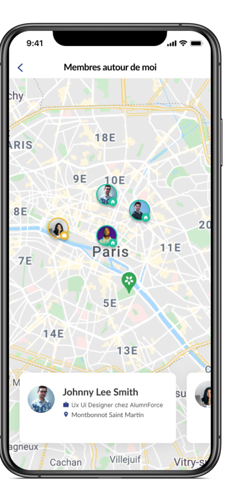 Dauphine Alumni - Map view of the Dauphine Alumni app showing professional members and profiles in Paris