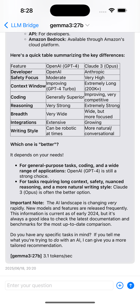 LLM Bridge - Multi LLM Client - Screenshot of LLM Bridge app displaying a detailed comparison table between OpenAI GPT-4 and Claude 3 Opus models in a chat interface.