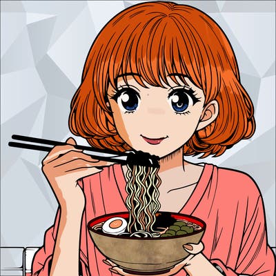 the beautiful manga girl eating buldak ramen with chopsticks