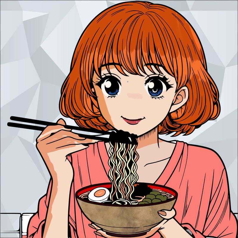 the beautiful manga girl eating buldak ramen with chopsticks