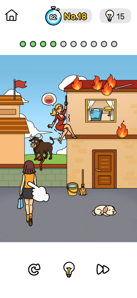 Brain Out 3 - Brain Out 3のトリッキーなパズルレベル。燃える家からぶら下がっている女性が、雄牛と眠っている犬の近くにいる。