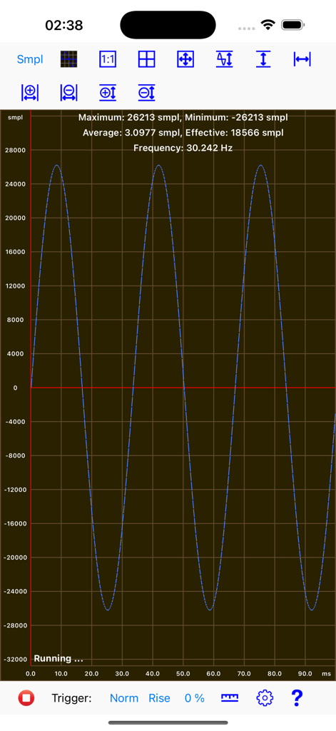 Mobile Oscilloscope - 모바일 오실로스코프 앱 인터페이스에 주파수 및 신호 측정값이 표시된 사인파가 표시됩니다.