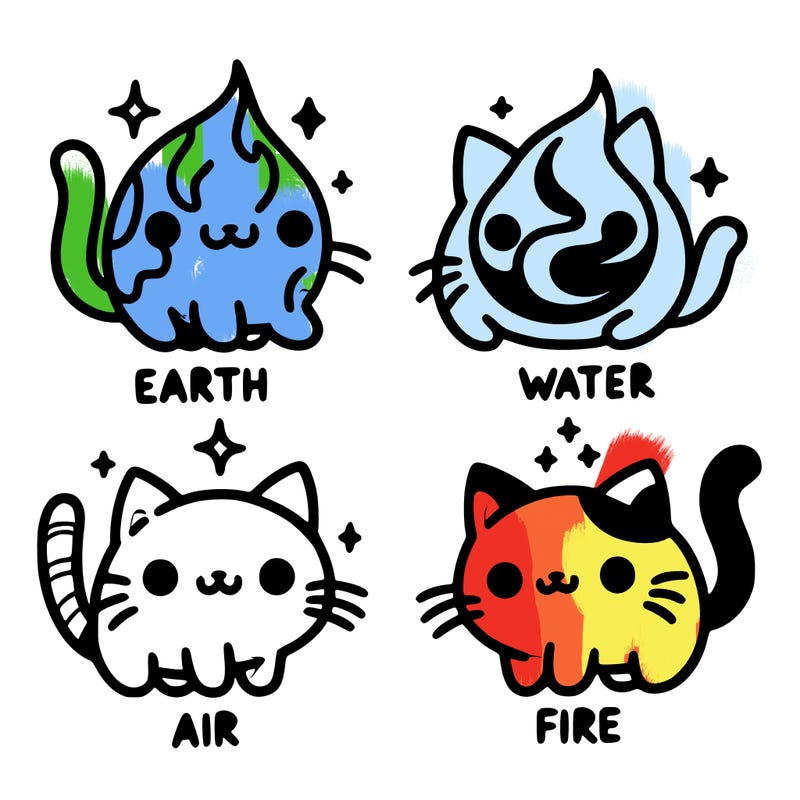 4 cats that represent the different elements, earth, water, air, and fire
