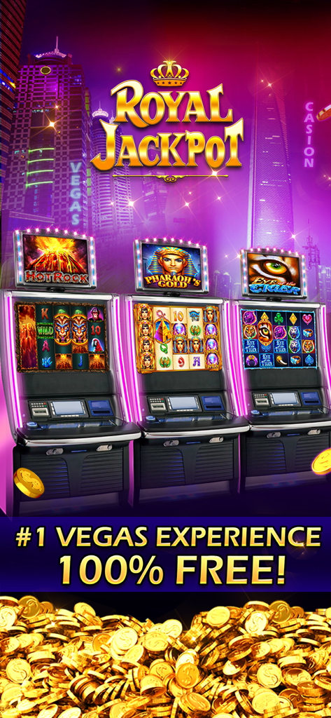 Royal Jackpot Slots & Casino - Royal Jackpot Slots and Casino mobile game interface showing various slot machines with a Las Vegas backdrop and gold coins