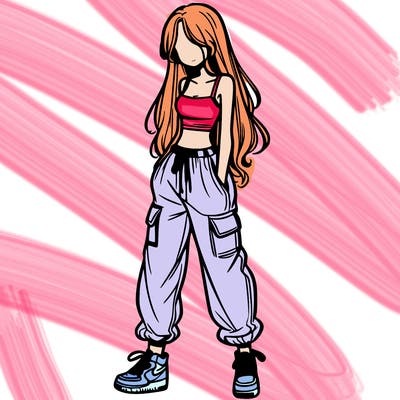 girl in baggy pants crop top and long hair