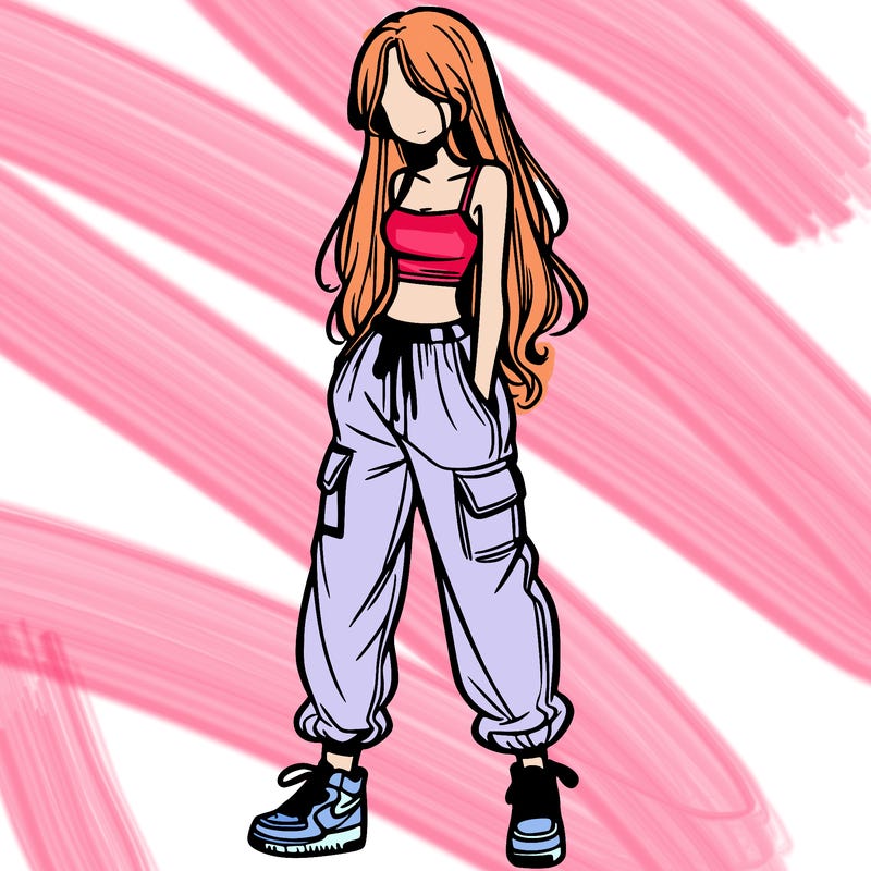 girl in baggy pants crop top and long hair