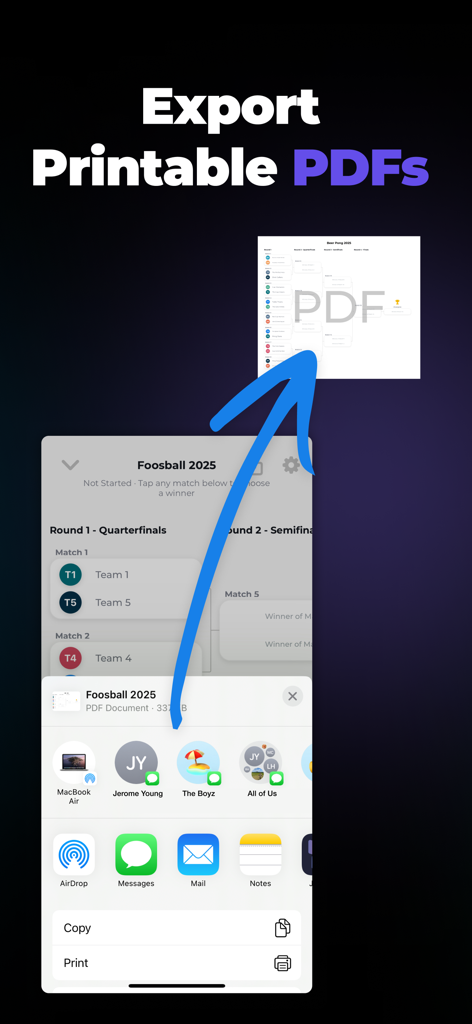 Interfaz de aplicación de cuadro de torneo mostrando la opción de exportar y compartir PDFs imprimibles.