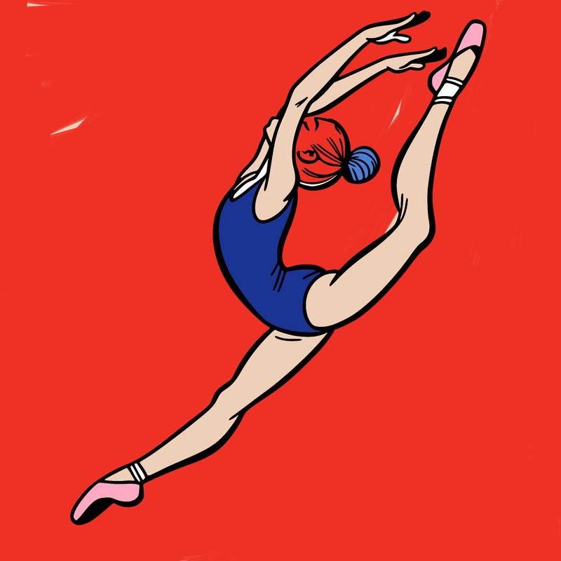 gymnast doing a leap in a leotard with a bent back leg