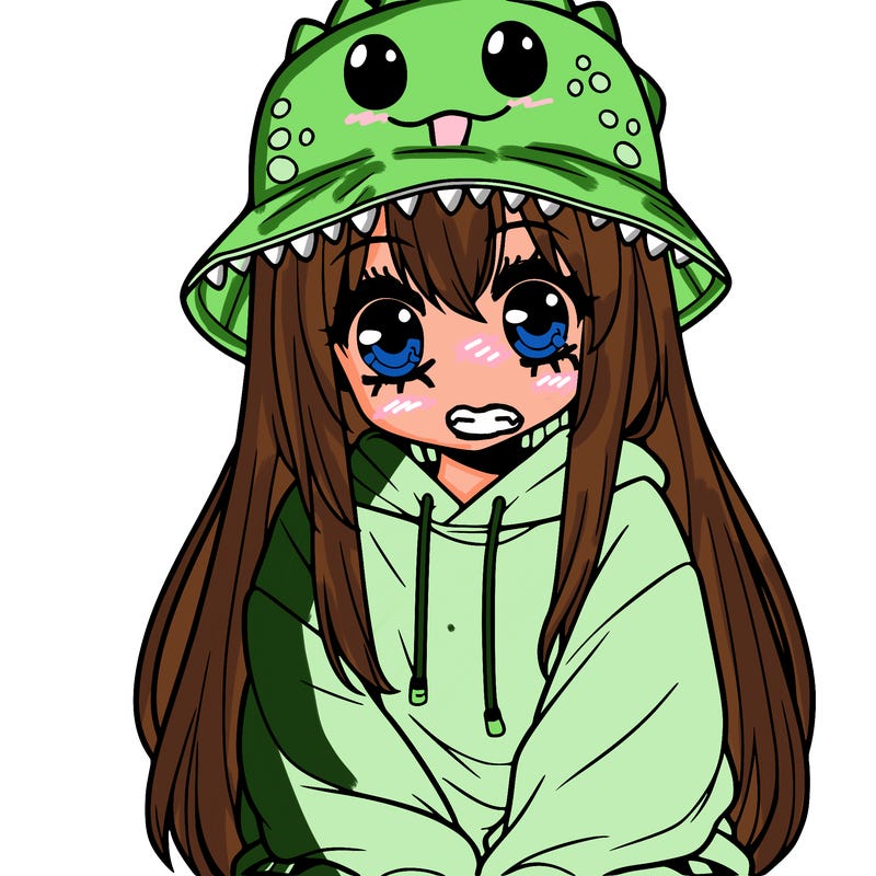 girl with anime shaped eyes with a dinosaur bucket hat oversized sweatshirt long straight hair