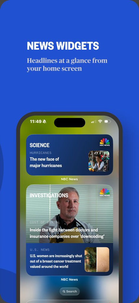 NBC News app widgets displaying news headlines on a smartphone home screen