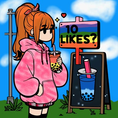 girl with oversized hoodie drinking boba and she has a high ponytail with a sign that says 10likes?
