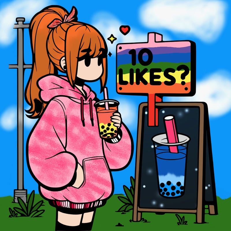 girl with oversized hoodie drinking boba and she has a high ponytail with a sign that says 10likes?