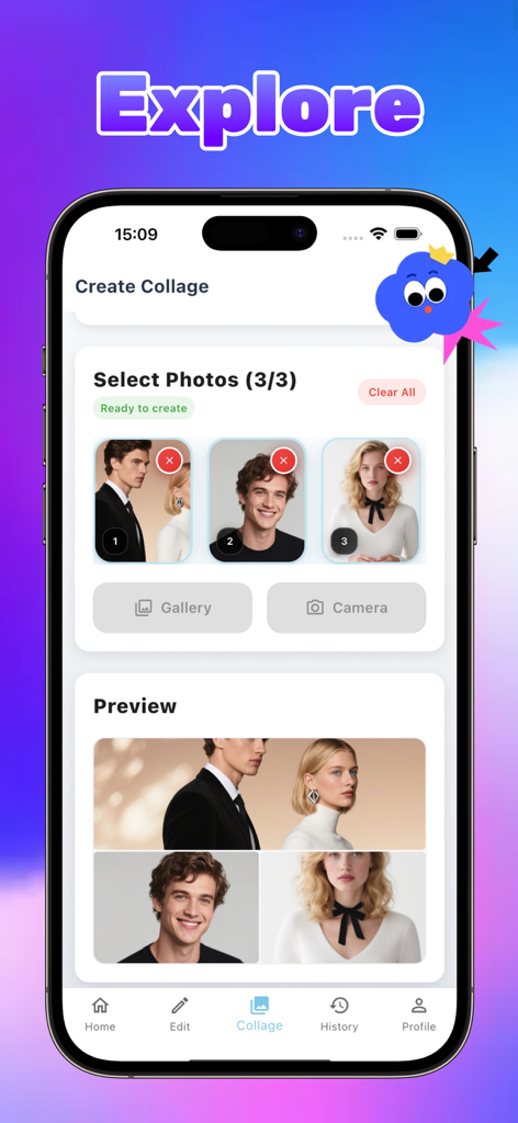 Watao - Watao app interface for selecting photos and previewing a custom collage layout