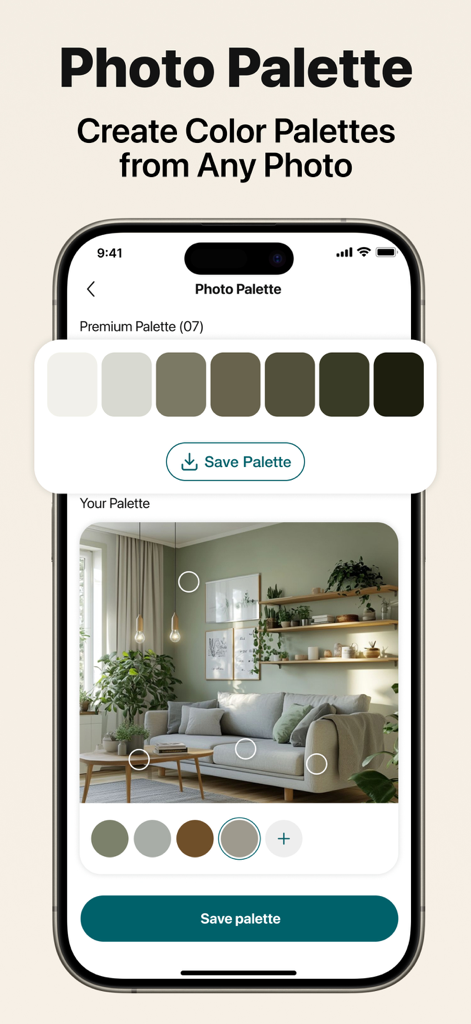 Smartphone screen showing the AI Paint Color Visualizer app creating a custom color palette from a living room photo.