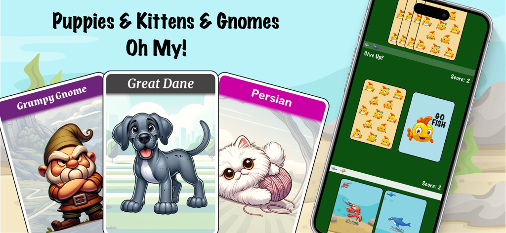 Go Fish | Card Game - Aplicación de juego de cartas Go Fish mostrando cartas temáticas de cachorros, gatitos y gnomos