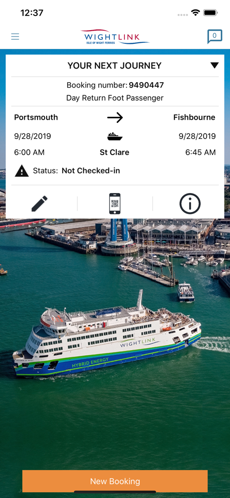 Wightlink mobile app interface showing booking details for a ferry trip from Portsmouth to Fishbourne with a background image of a ferry boat