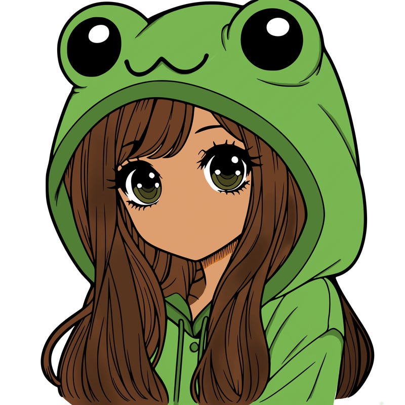 a pretty girl wearing a frog hoodie portrait with long hair