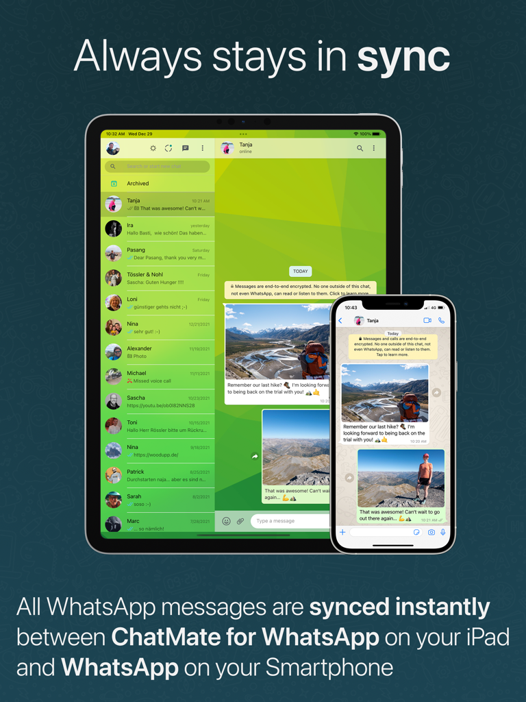 ChatMate for WhatsApp interface showing instant message synchronization between iPad and smartphone