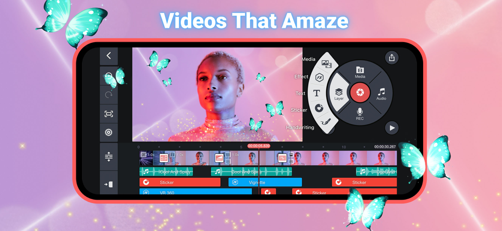 Pantalla móvil mostrando la interfaz de edición de video de KineMaster con línea de tiempo multicapa y efectos de mariposa