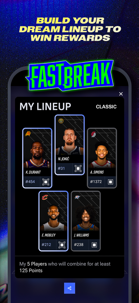 NBA Top Shot - Mobile screen of the NBA Top Shot app showing the Fastbreak game mode where players build a custom lineup of NBA cards to win rewards.