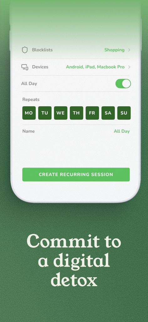 Interface of Freedom app showing options to schedule a recurring digital detox session across multiple devices