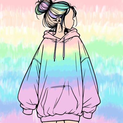 realistic girl with a oversized sweatshirt on and a bun