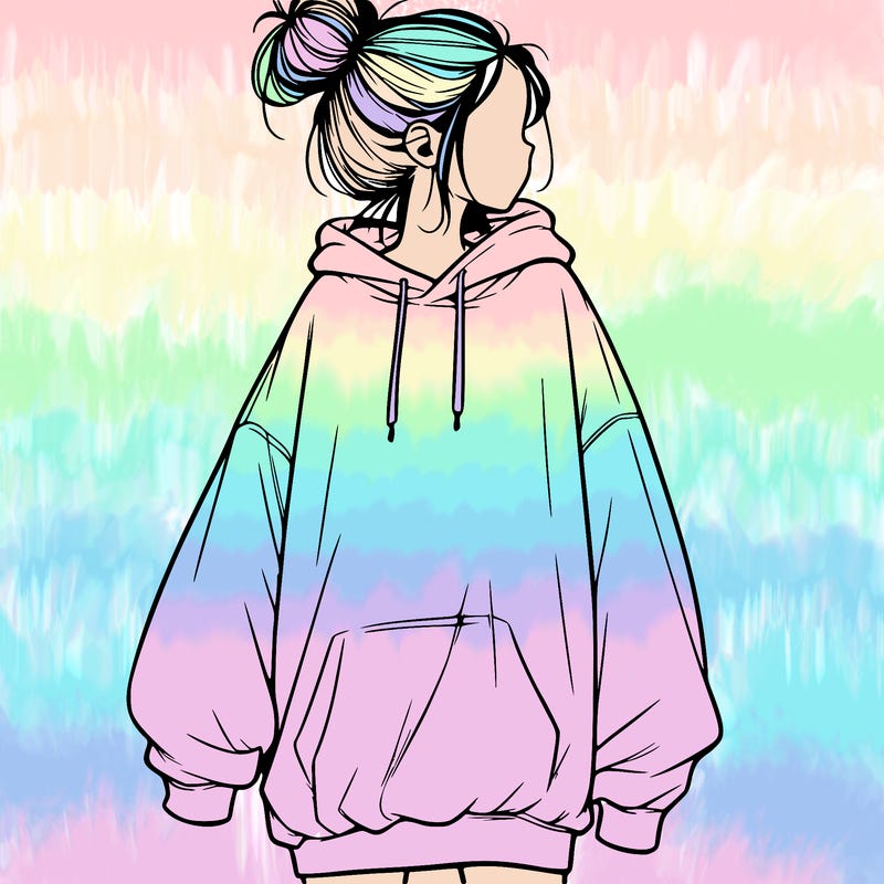 realistic girl with a oversized sweatshirt on and a bun