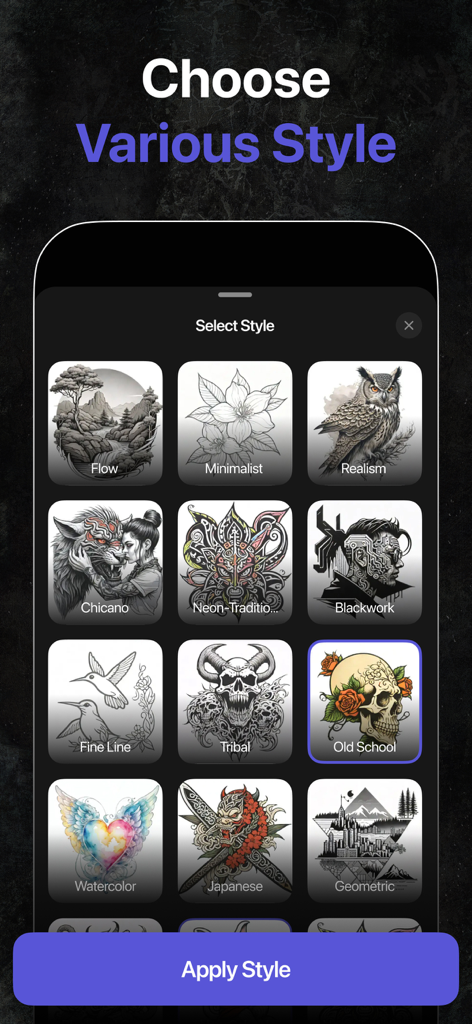 AI Tattoo Generator + Creator - A screen showing various tattoo style options like Minimalist Realism and Old School in the AI Tattoo Generator app