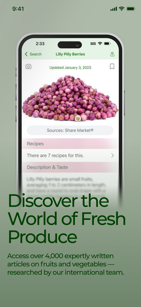 Una pantalla de teléfono inteligente que muestra el artículo de la aplicación Specialty Produce para Bayas de Lilly Pilly con una foto de la fruta y texto educativo.