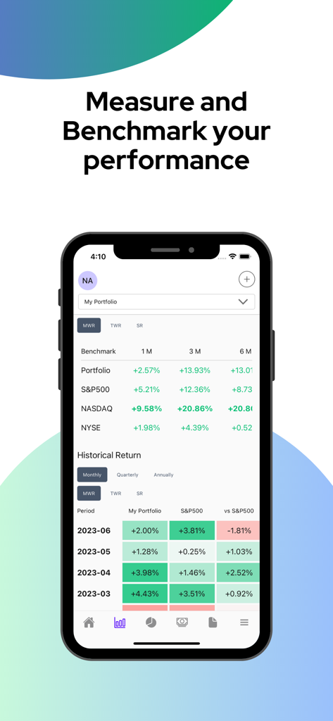 Portseido - Tela de comparação de desempenho de portfólio mostrando retornos históricos versus S&P 500 e NASDAQ.