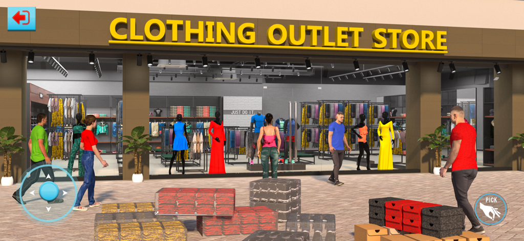 Clothing Store Sim Games 3D - Una simulación 3D de la fachada de una tienda de ropa con maniquíes y clientes.