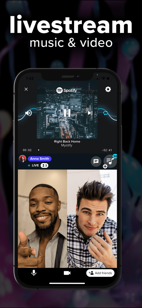 AmpMe app interface showing a live synchronized music and video stream with split screen video chat.