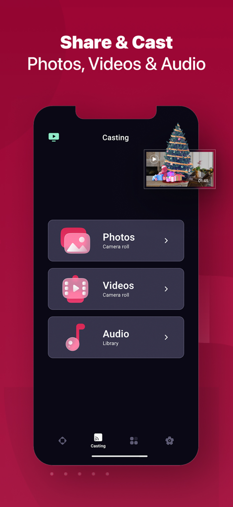 Smart TV Remote for ThinG TV - 電話からTVへの写真、動画、オーディオの共有およびキャストオプションが表示されたスマートTVリモコンアプリの画面