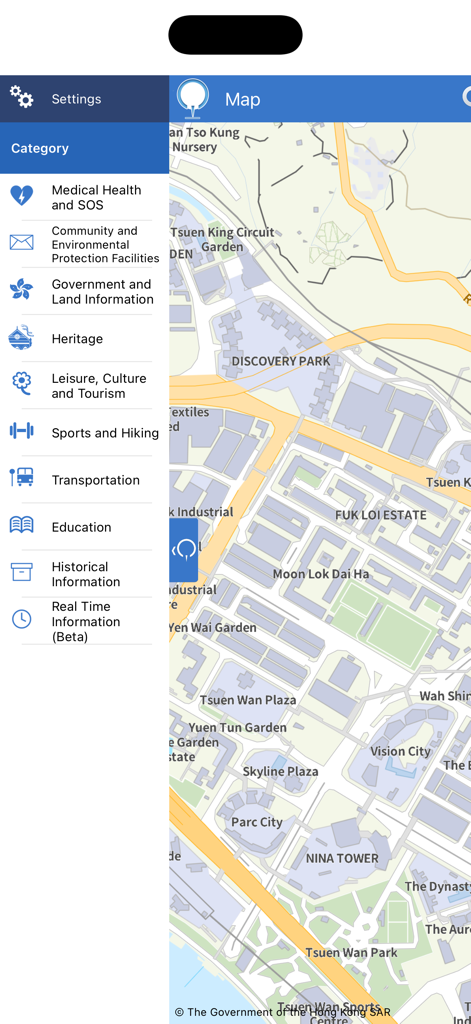 MyMapHK - Screenshot of MyMapHK app displaying a map of Hong Kong with a side menu listing various facility categories like transportation and sports