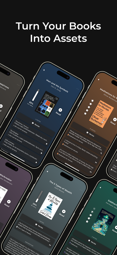 BookNote - Book Tracker & TBR - Múltiples pantallas de iPhone mostrando la interfaz de la aplicación BookNote con el lema Convierte tus Libros en Activos