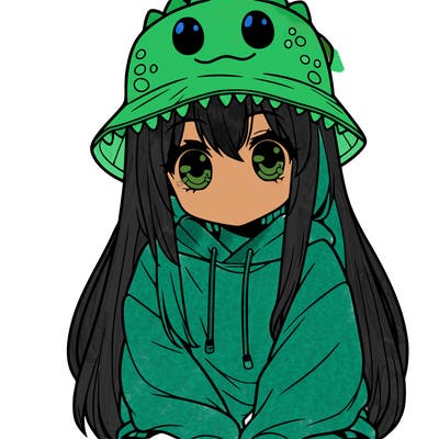 girl with anime shaped eyes with a dinosaur bucket hat oversized sweatshirt long straight hair