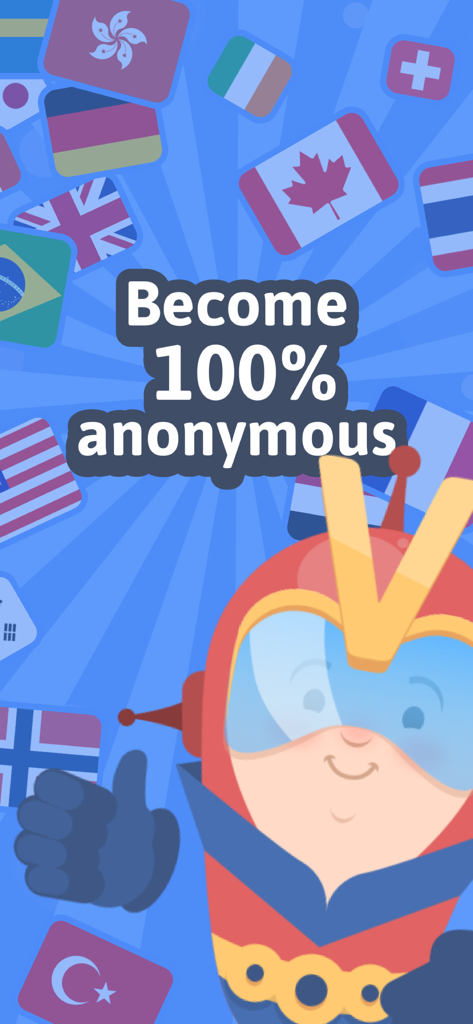 Superhero mascot for SuperShield VPN promoting 100 percent anonymity with international flags background