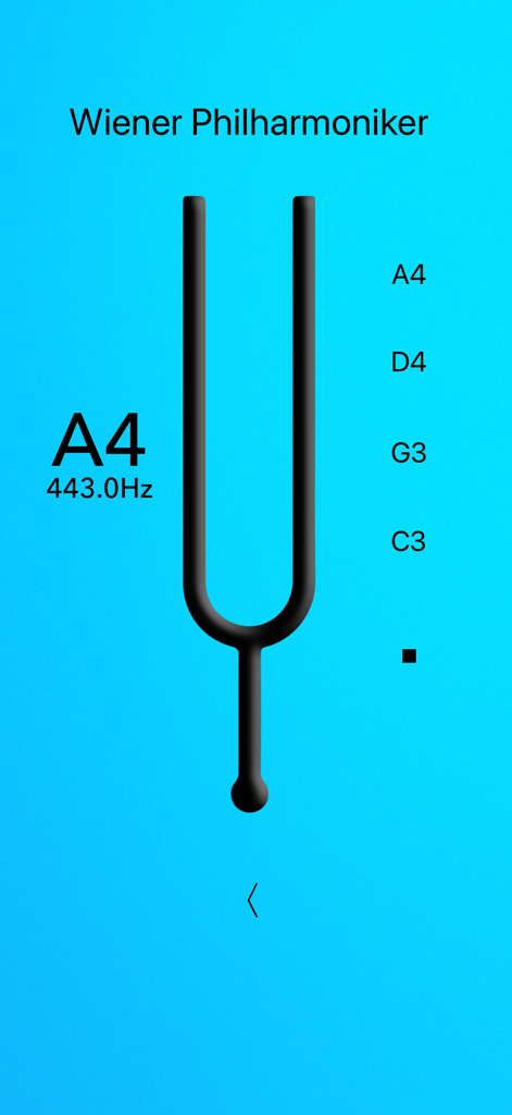 Interfaz del diapasón digital en la aplicación Afinador de Viola Básico que muestra la frecuencia A4 a 443.0Hz
