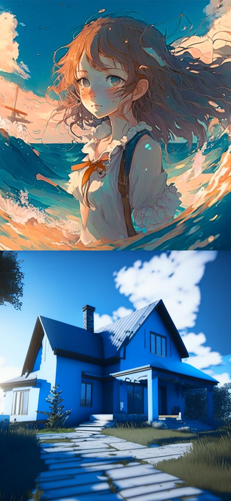 Una imagen compuesta que muestra arte generado por IA, incluyendo una chica anime en olas del océano y una casa suburbana azul en un estilo de renderizado 3D.