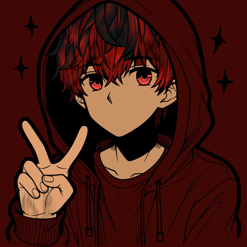 teenage manga boy in a hoodie, doing ✌