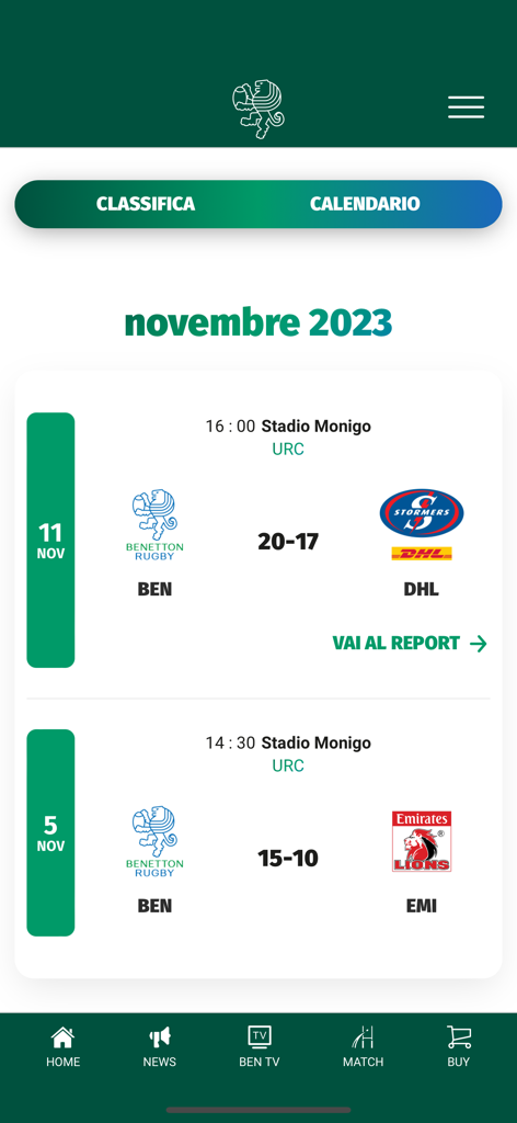 Benetton Rugby Official App - Benetton Rugby app screen showing match results for November 2023 with scores against Stormers and Lions