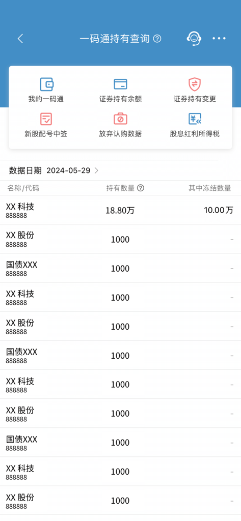 China Securities Depository and Clearing app screen showing a portfolio holding inquiry and asset list.