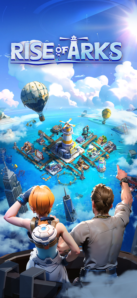 Rise of Arks: Survival Game - Two characters looking at a maritime survival base with a lighthouse in Rise of Arks