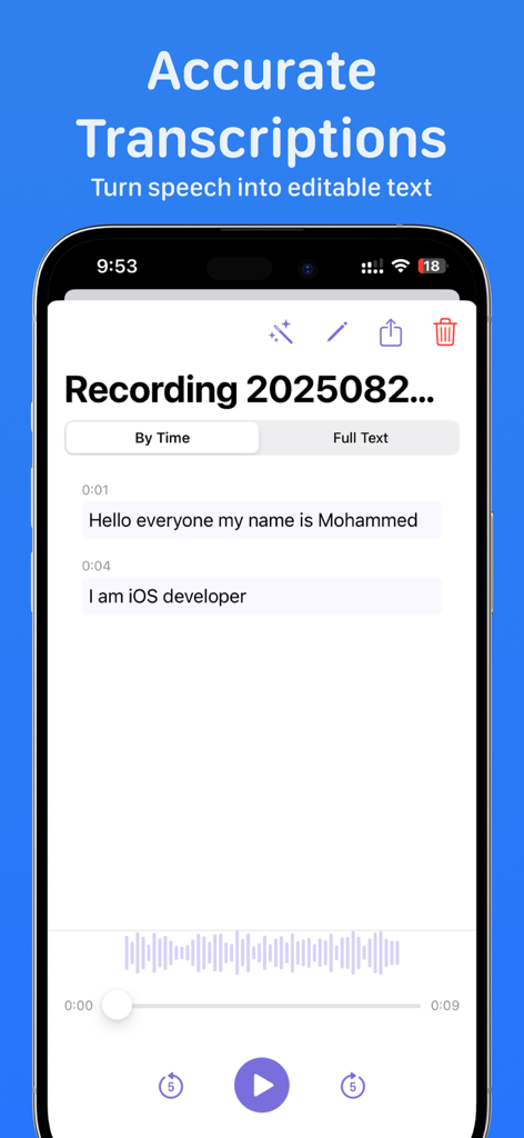 Interfaz de la aplicación móvil Speakly AI que muestra una grabación de voz transcrita a texto editable con marcas de tiempo