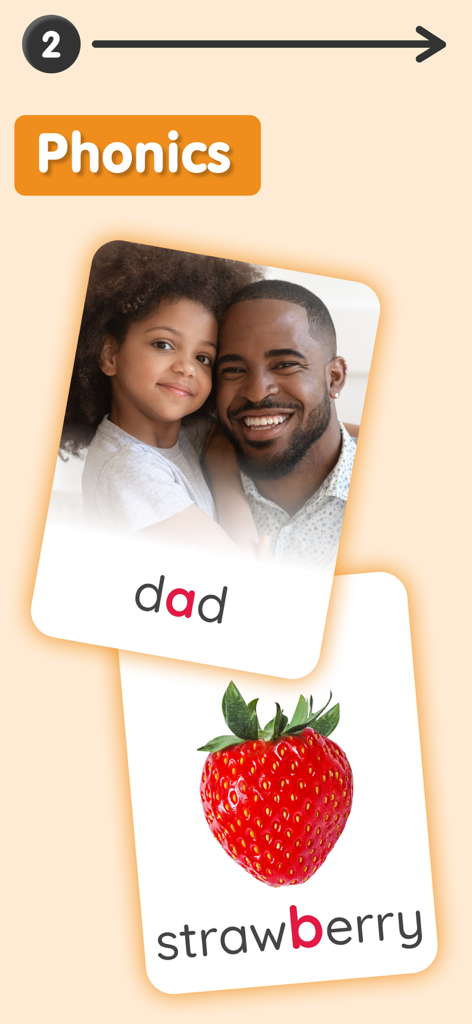 Flash Cards: ABC Learning Kids - 단어 'dad'에 대한 아버지와 아이 그림, 'strawberry'에 대한 딸기 그림과 강조 표시된 글자가 있는 교육용 파닉스 플래시 카드.