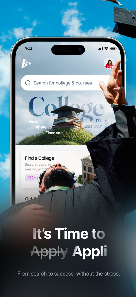 Appli - College Applications - 大学検索と卒業テーマを特徴とするAppliアプリのホーム画面。