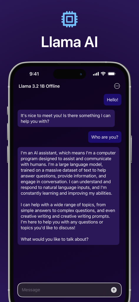 Llama 1B AI Chat - Offline LLM - Llama 1B AI Chat mobile application interface showing a private offline conversation with an AI assistant