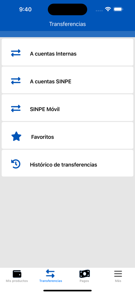 Menú de transferencias de la app móvil Mucap en línea con opciones de transferencia SINPE y entre cuentas