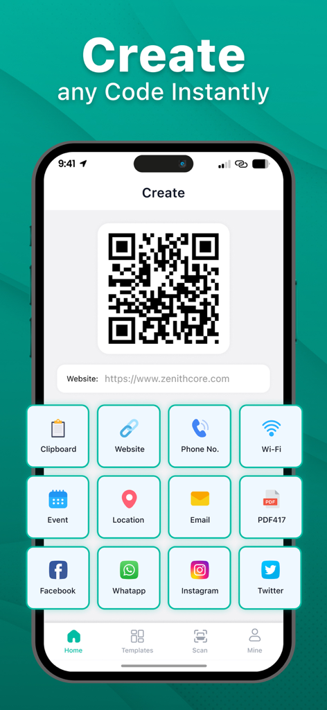 QR Code Reader & Scanner Pro - Interfaccia dell'app che mostra le opzioni per creare codici QR per siti web, social media e wifi